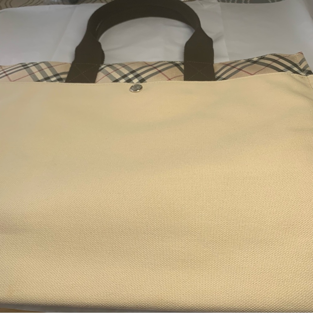Burberry Cream and Brown Checkered Tote Bag